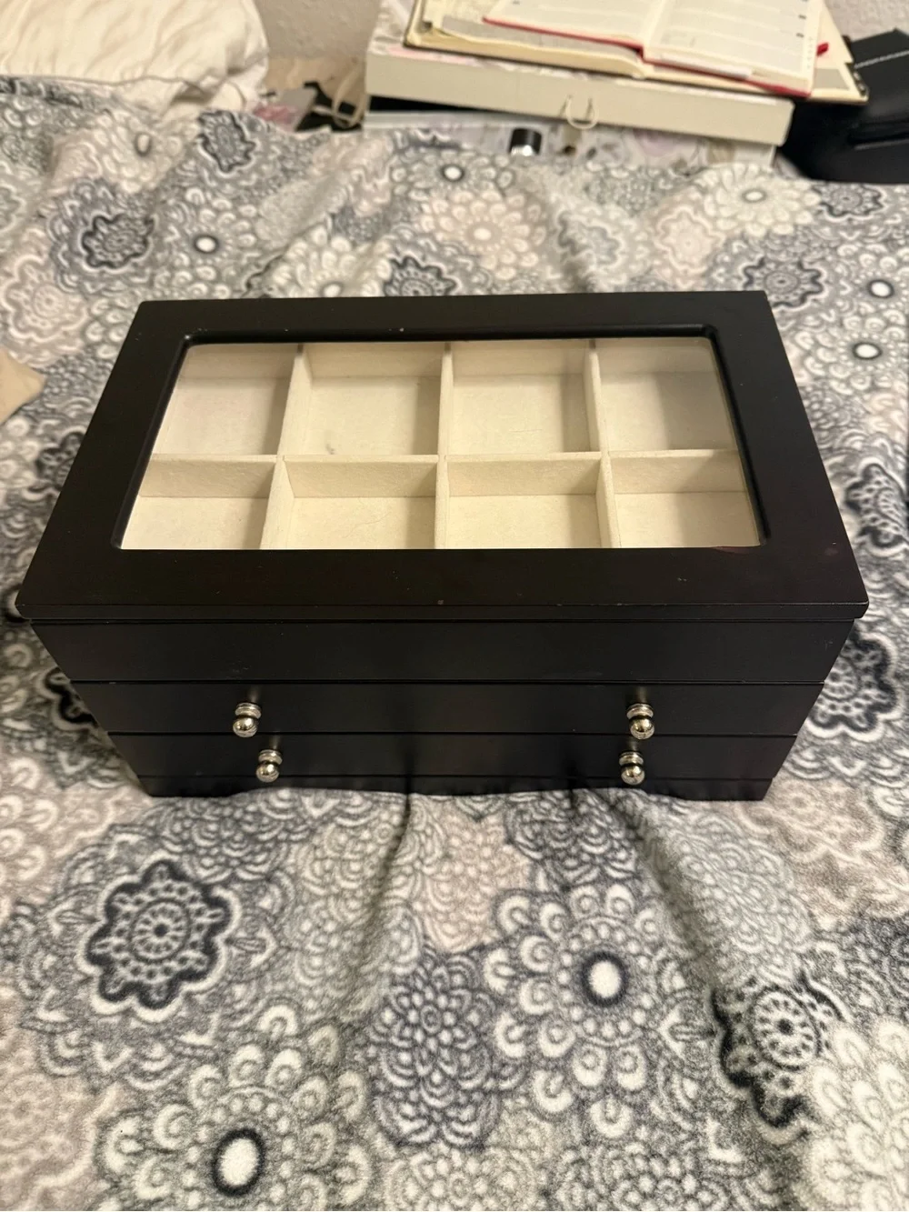 Elegant Black Wooden Jewelry Box & Watch Organizer – 3 Tiers